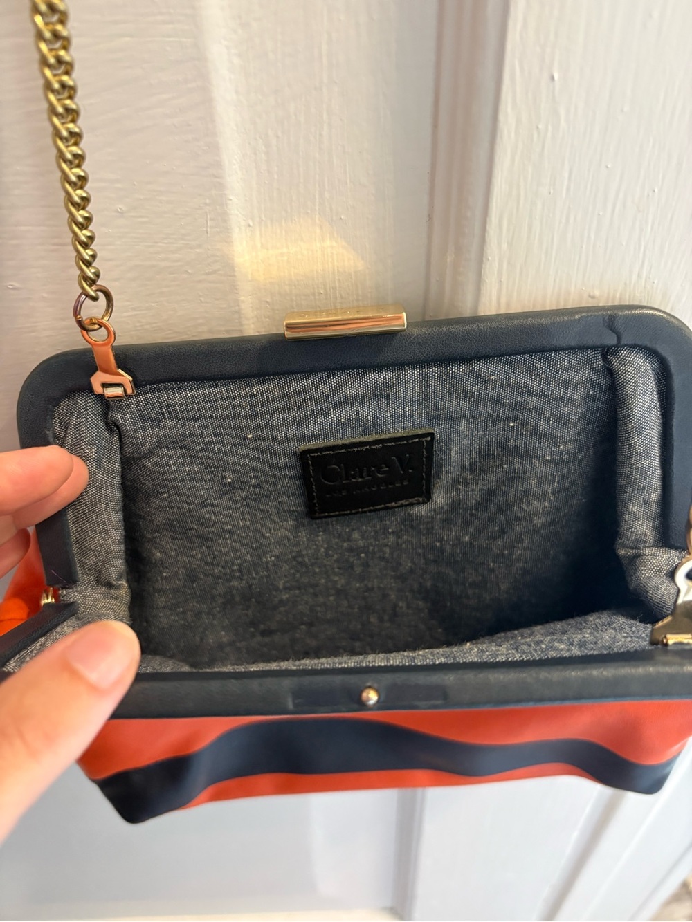 RARE Clare V Flore—Italian Leather in Navy and Orange Stripe - Picture 8 of 10